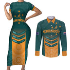 Custom Wallaroos Womens Rugby Couples Matching Short Sleeve Bodycon Dress and Long Sleeve Button Shirt Aboriginal Dots Art