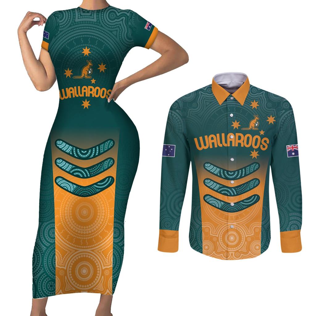 Custom Wallaroos Womens Rugby Couples Matching Short Sleeve Bodycon Dress and Long Sleeve Button Shirt Aboriginal Dots Art