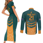 Custom Wallaroos Womens Rugby Couples Matching Short Sleeve Bodycon Dress and Long Sleeve Button Shirt Aboriginal Dots Art