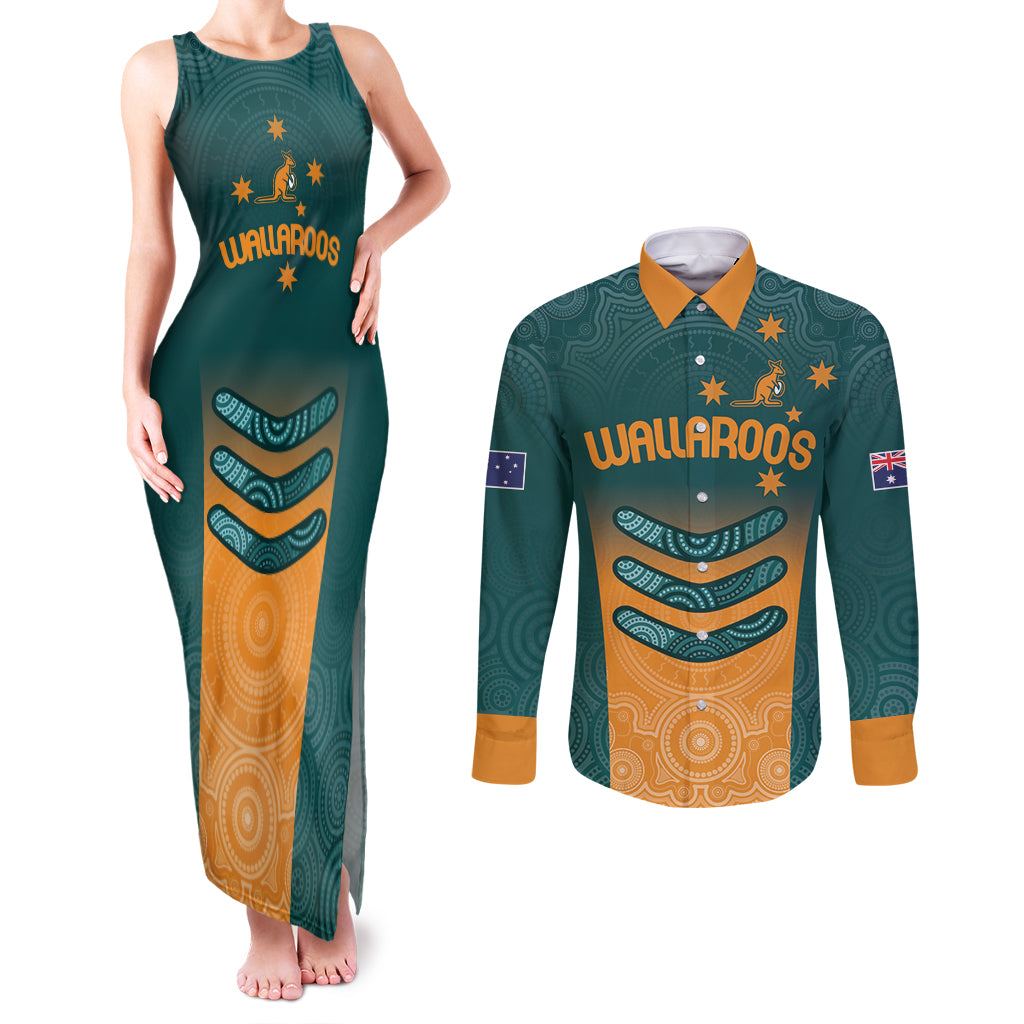 Custom Wallaroos Womens Rugby Couples Matching Tank Maxi Dress and Long Sleeve Button Shirt Aboriginal Dots Art