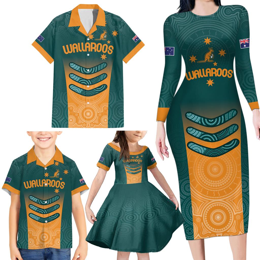 Custom Wallaroos Womens Rugby Family Matching Long Sleeve Bodycon Dress and Hawaiian Shirt Aboriginal Dots Art