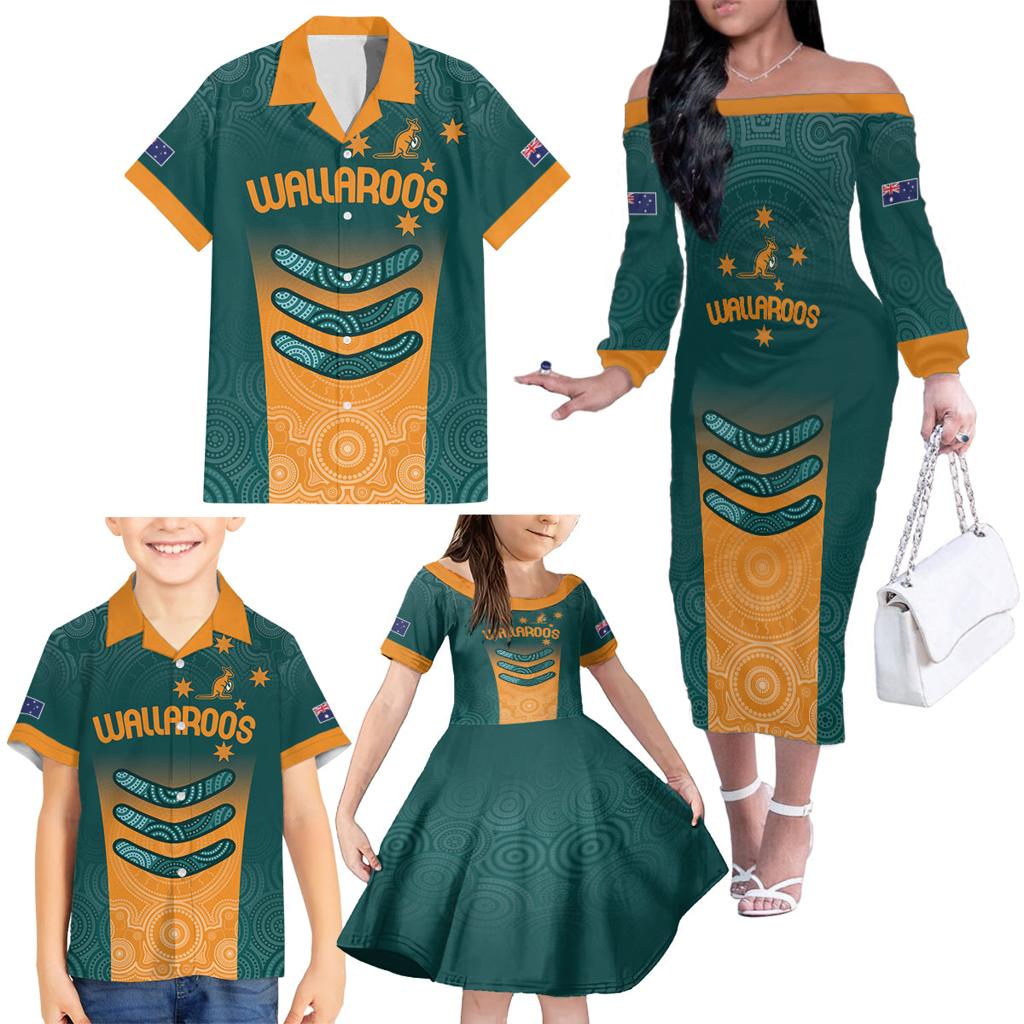 Custom Wallaroos Womens Rugby Family Matching Off The Shoulder Long Sleeve Dress and Hawaiian Shirt Aboriginal Dots Art
