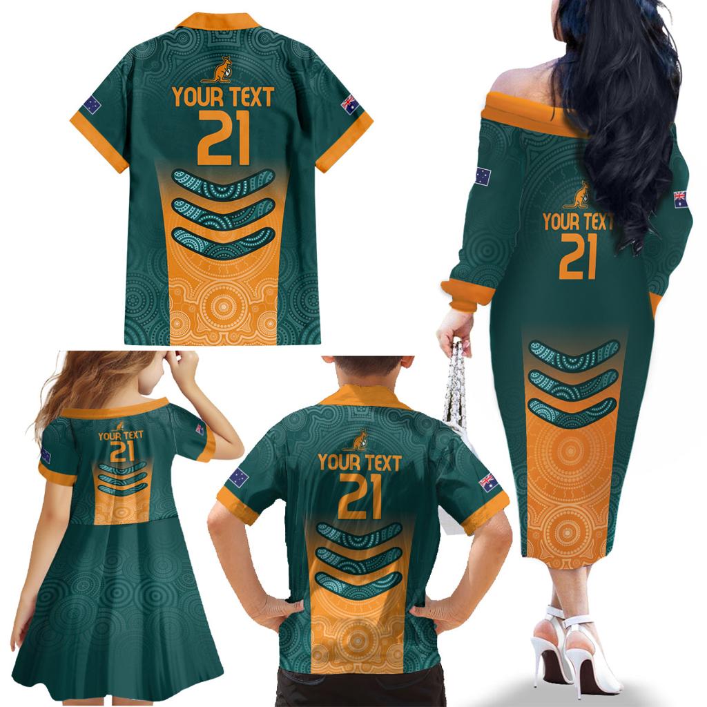 Custom Wallaroos Womens Rugby Family Matching Off The Shoulder Long Sleeve Dress and Hawaiian Shirt Aboriginal Dots Art