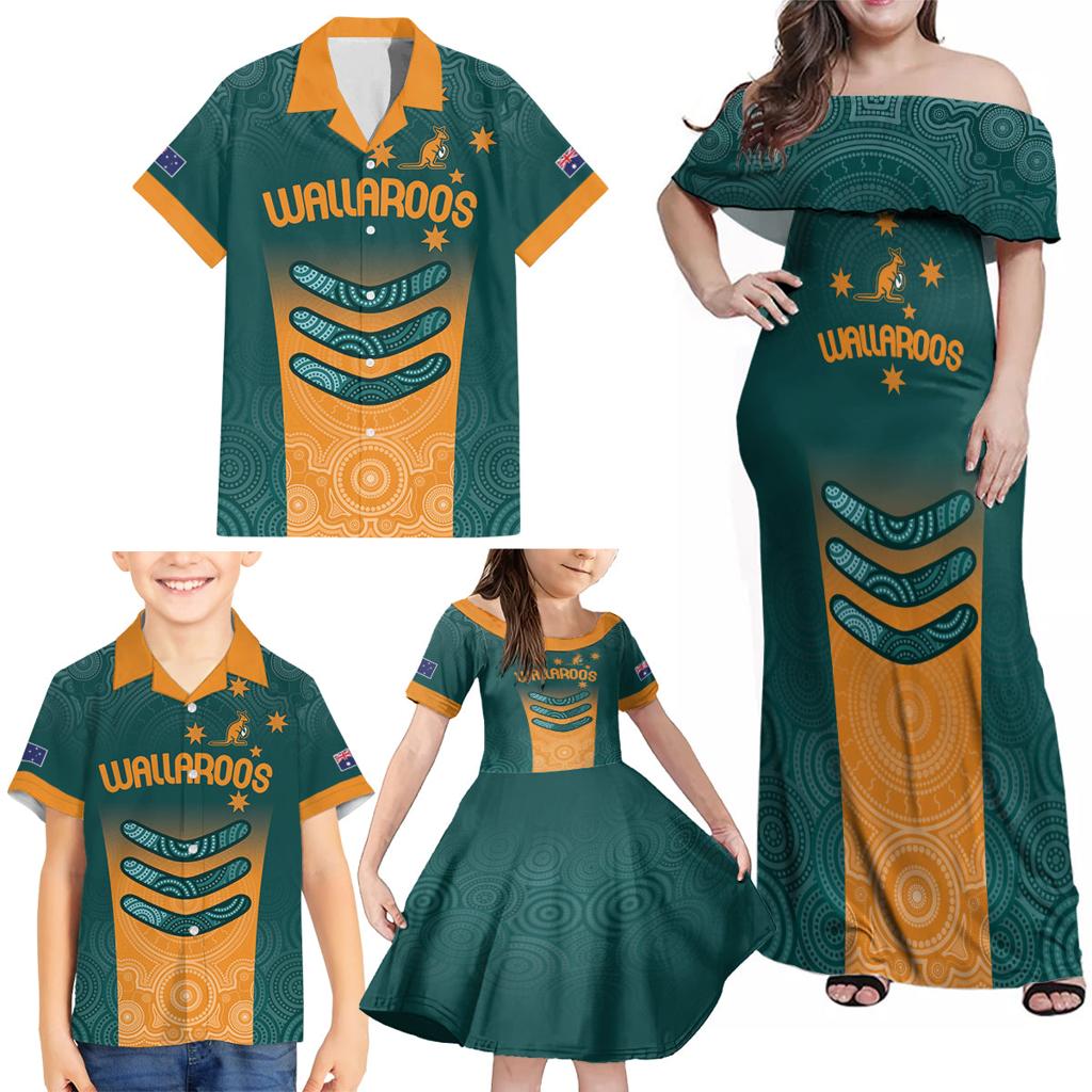 Custom Wallaroos Womens Rugby Family Matching Off Shoulder Maxi Dress and Hawaiian Shirt Aboriginal Dots Art
