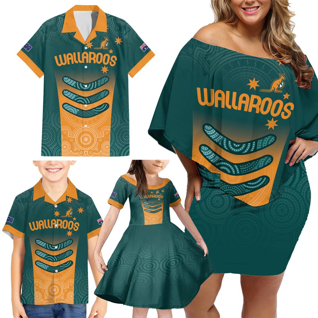 Custom Wallaroos Womens Rugby Family Matching Off Shoulder Short Dress and Hawaiian Shirt Aboriginal Dots Art