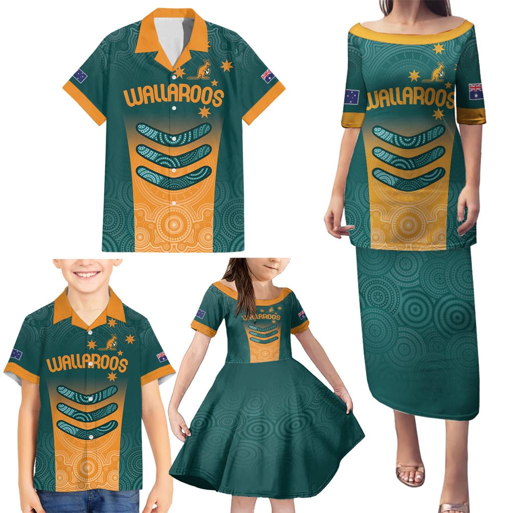 Custom Wallaroos Womens Rugby Family Matching Puletasi and Hawaiian Shirt Aboriginal Dots Art