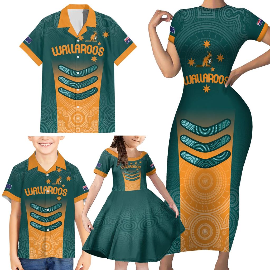 Custom Wallaroos Womens Rugby Family Matching Short Sleeve Bodycon Dress and Hawaiian Shirt Aboriginal Dots Art