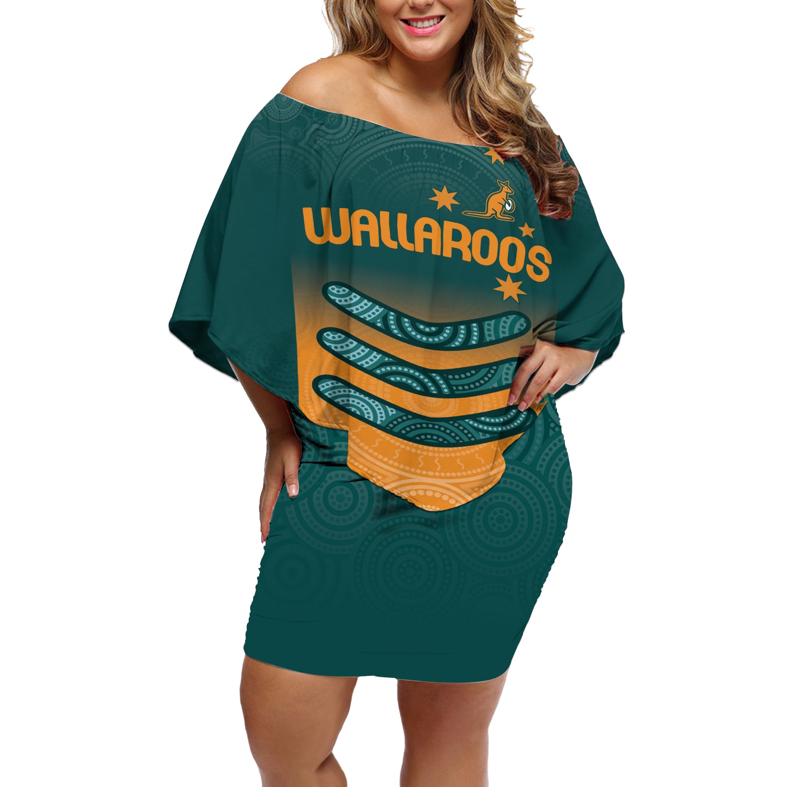 Custom Wallaroos Womens Rugby Off Shoulder Short Dress Aboriginal Dots Art