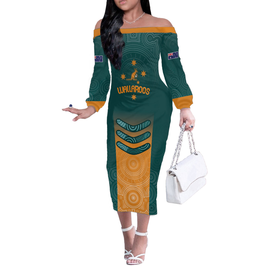 Custom Wallaroos Womens Rugby Off The Shoulder Long Sleeve Dress Aboriginal Dots Art