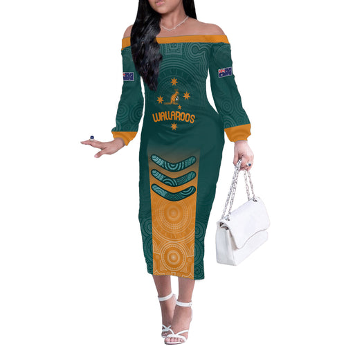 Custom Wallaroos Womens Rugby Off The Shoulder Long Sleeve Dress Aboriginal Dots Art