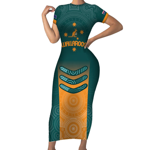 Custom Wallaroos Womens Rugby Short Sleeve Bodycon Dress Aboriginal Dots Art