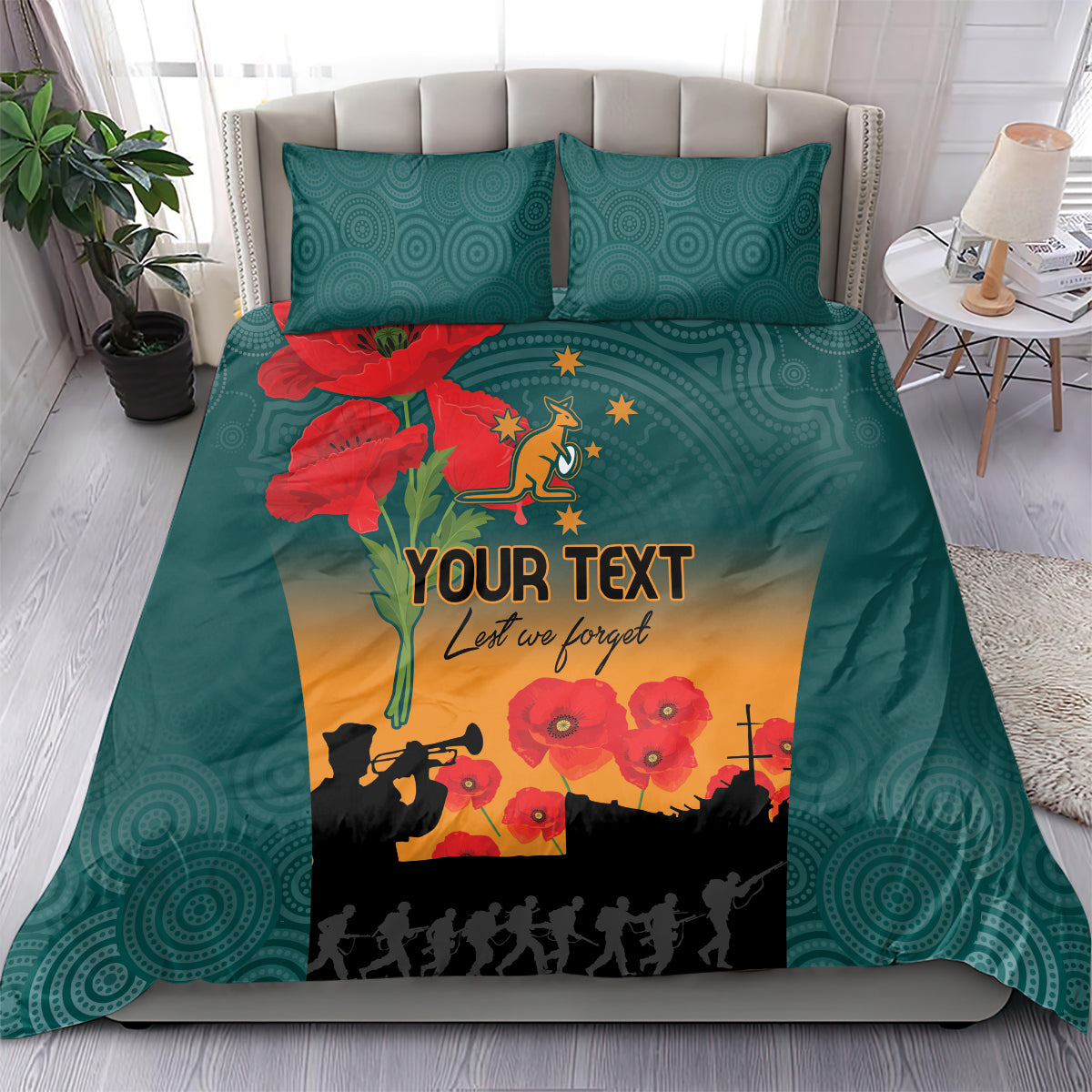 Custom Wallaroos Rugby ANZAC Bedding Set Poppy Soldier With Aboriginal Dots Art