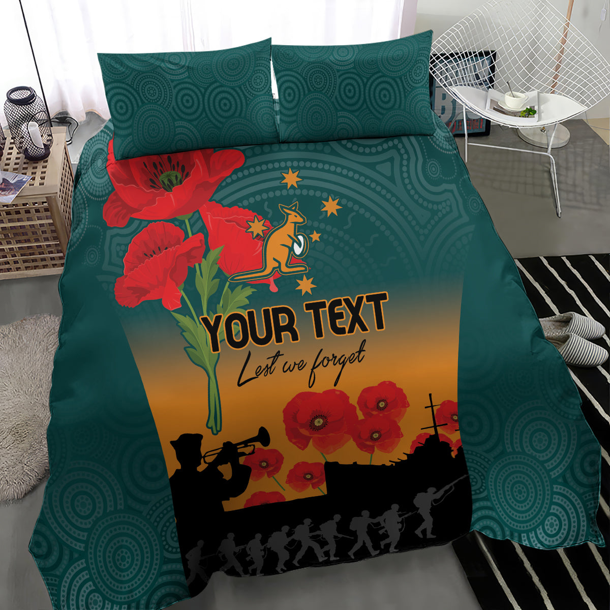 Custom Wallaroos Rugby ANZAC Bedding Set Poppy Soldier With Aboriginal Dots Art