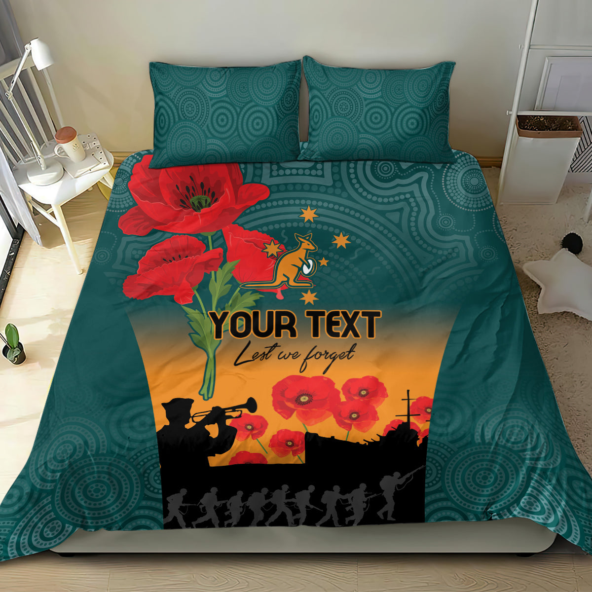 Custom Wallaroos Rugby ANZAC Bedding Set Poppy Soldier With Aboriginal Dots Art