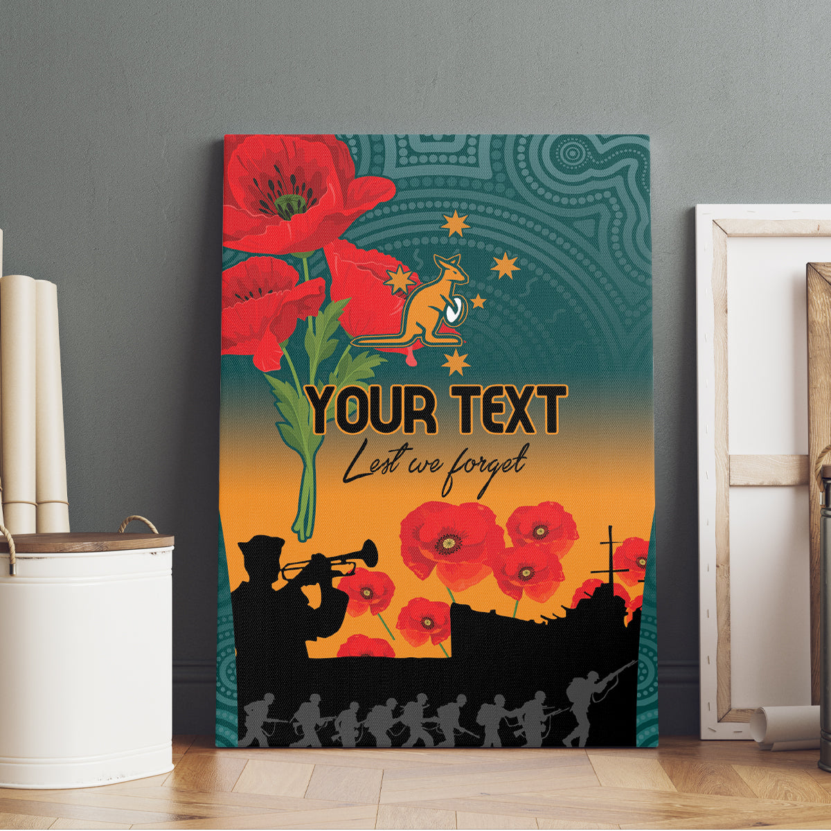 Custom Wallaroos Rugby ANZAC Canvas Wall Art Poppy Soldier With Aboriginal Dots Art