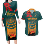 Custom Wallaroos Rugby ANZAC Couples Matching Long Sleeve Bodycon Dress and Hawaiian Shirt Poppy Soldier With Aboriginal Dots Art