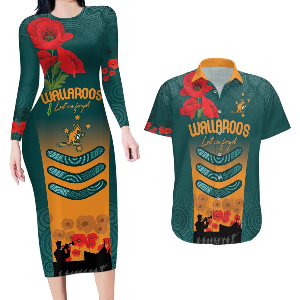 Custom Wallaroos Rugby ANZAC Couples Matching Long Sleeve Bodycon Dress and Hawaiian Shirt Poppy Soldier With Aboriginal Dots Art