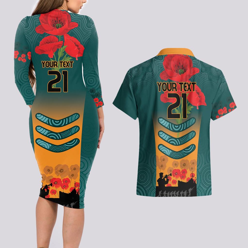 Custom Wallaroos Rugby ANZAC Couples Matching Long Sleeve Bodycon Dress and Hawaiian Shirt Poppy Soldier With Aboriginal Dots Art