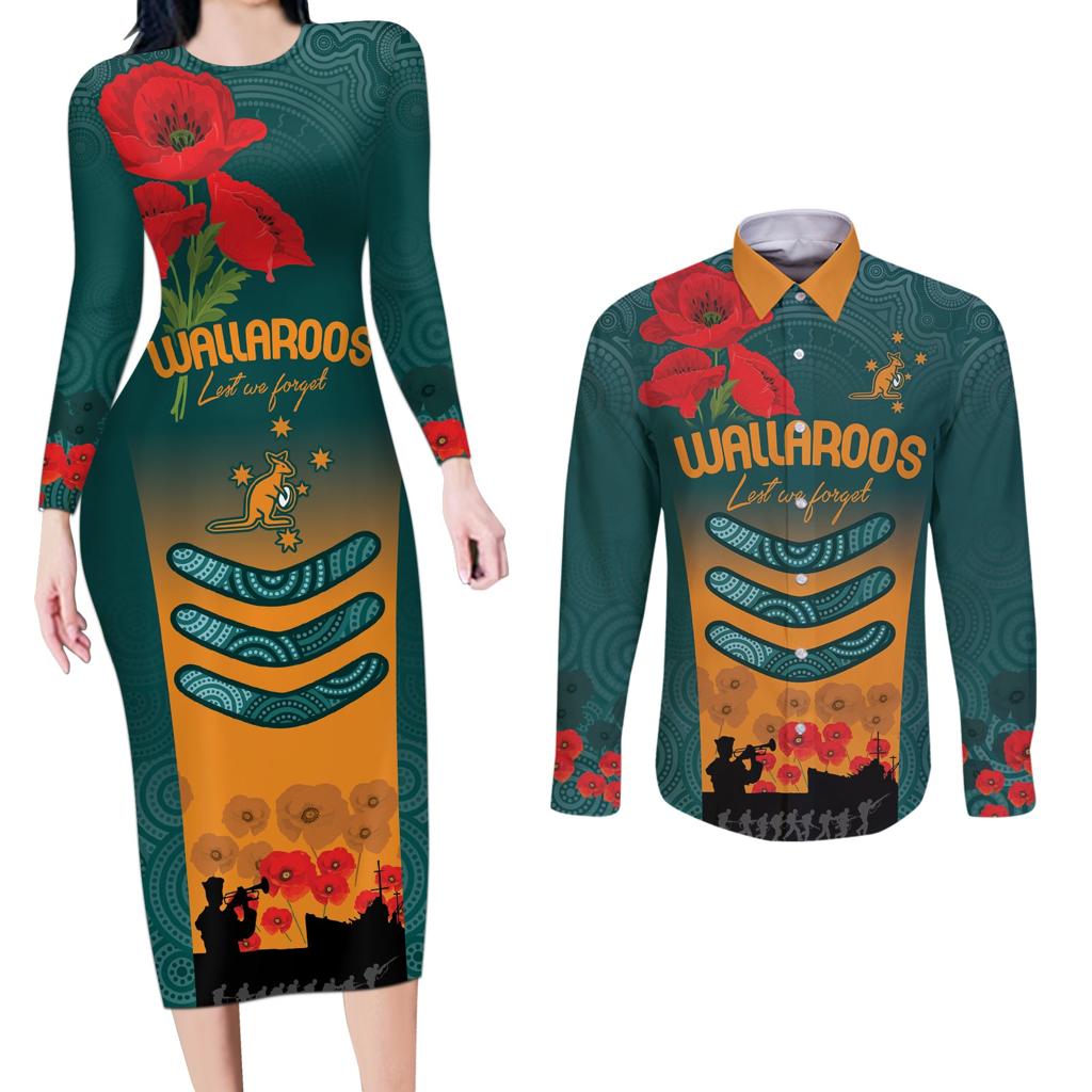 Custom Wallaroos Rugby ANZAC Couples Matching Long Sleeve Bodycon Dress and Long Sleeve Button Shirt Poppy Soldier With Aboriginal Dots Art