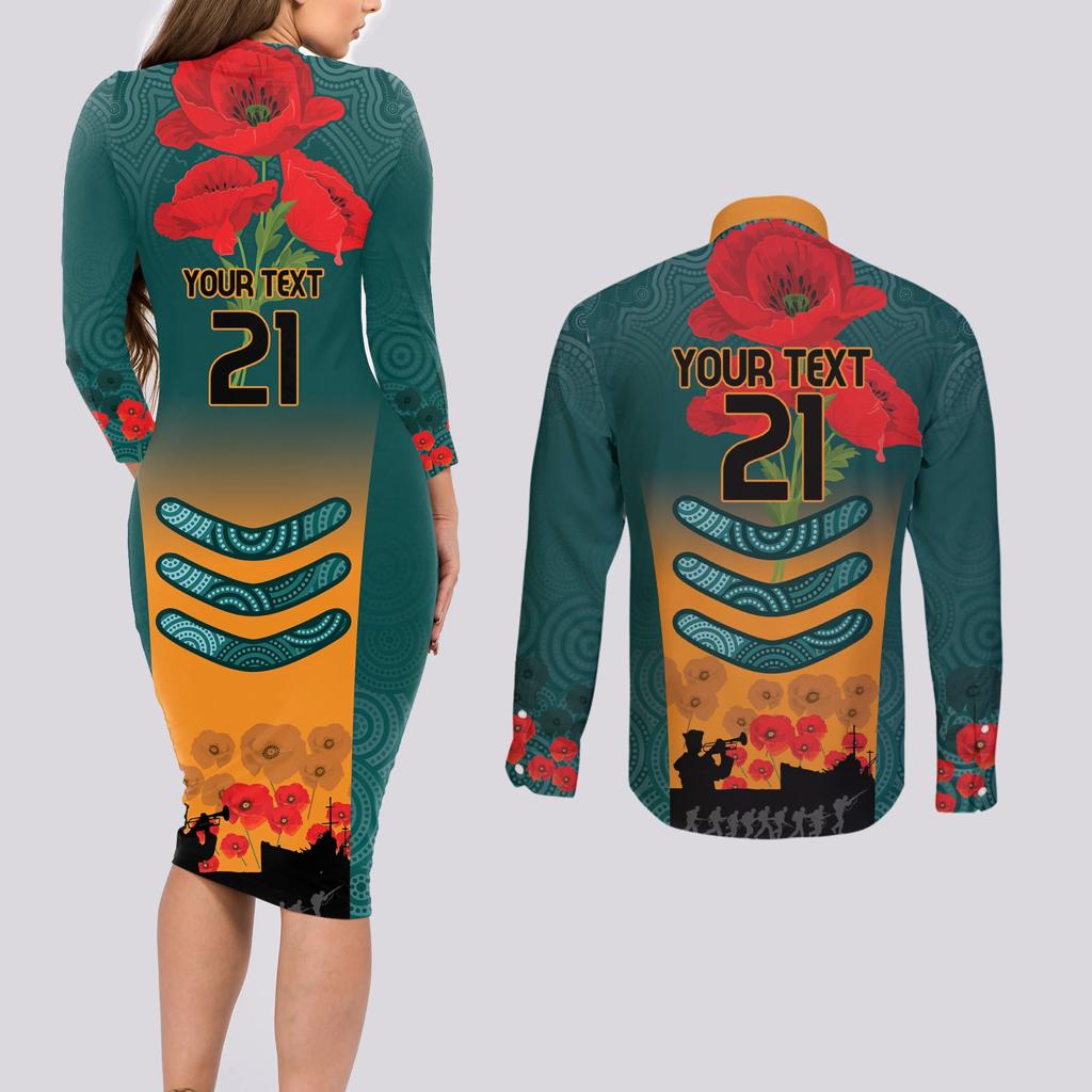 Custom Wallaroos Rugby ANZAC Couples Matching Long Sleeve Bodycon Dress and Long Sleeve Button Shirt Poppy Soldier With Aboriginal Dots Art