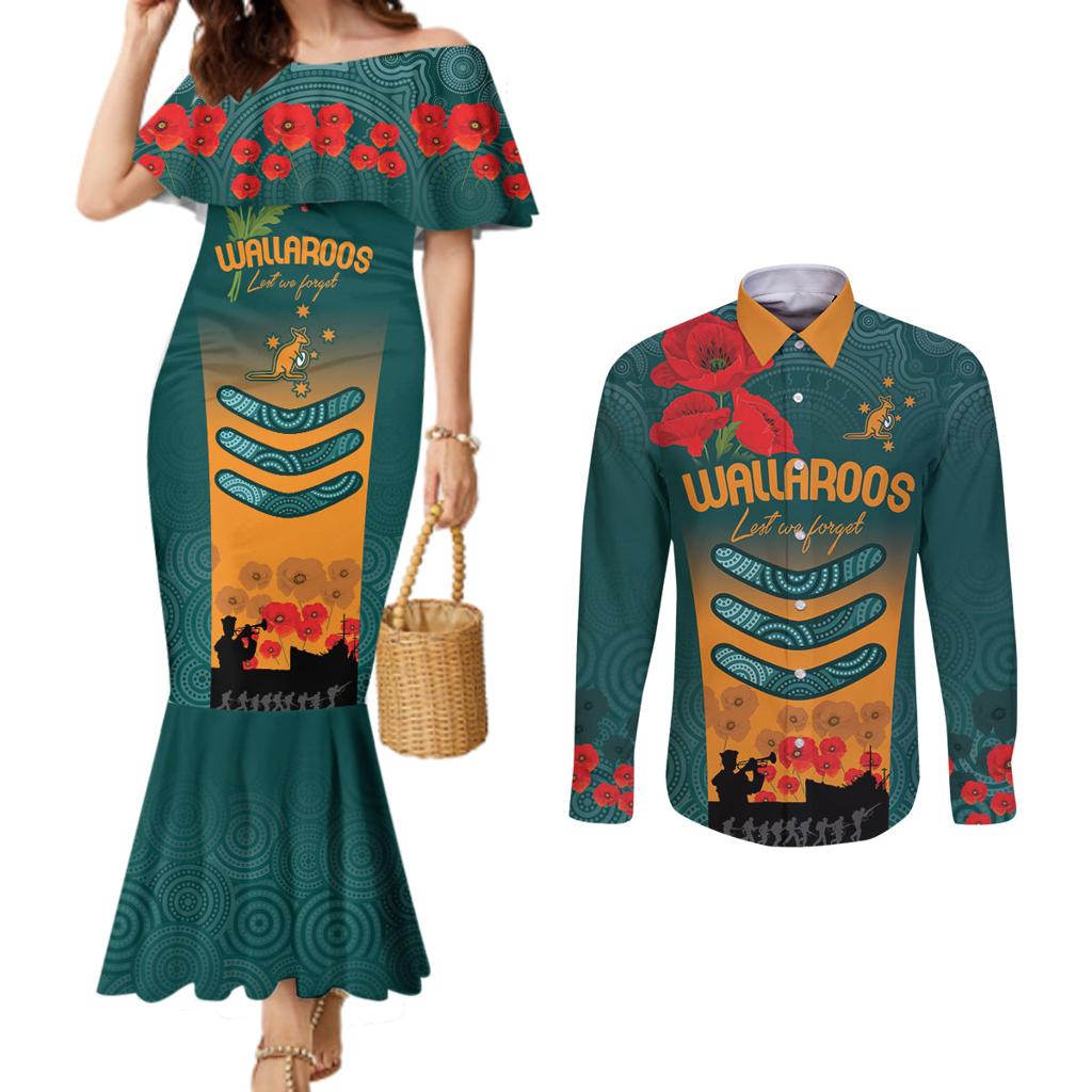 Custom Wallaroos Rugby ANZAC Couples Matching Mermaid Dress and Long Sleeve Button Shirt Poppy Soldier With Aboriginal Dots Art
