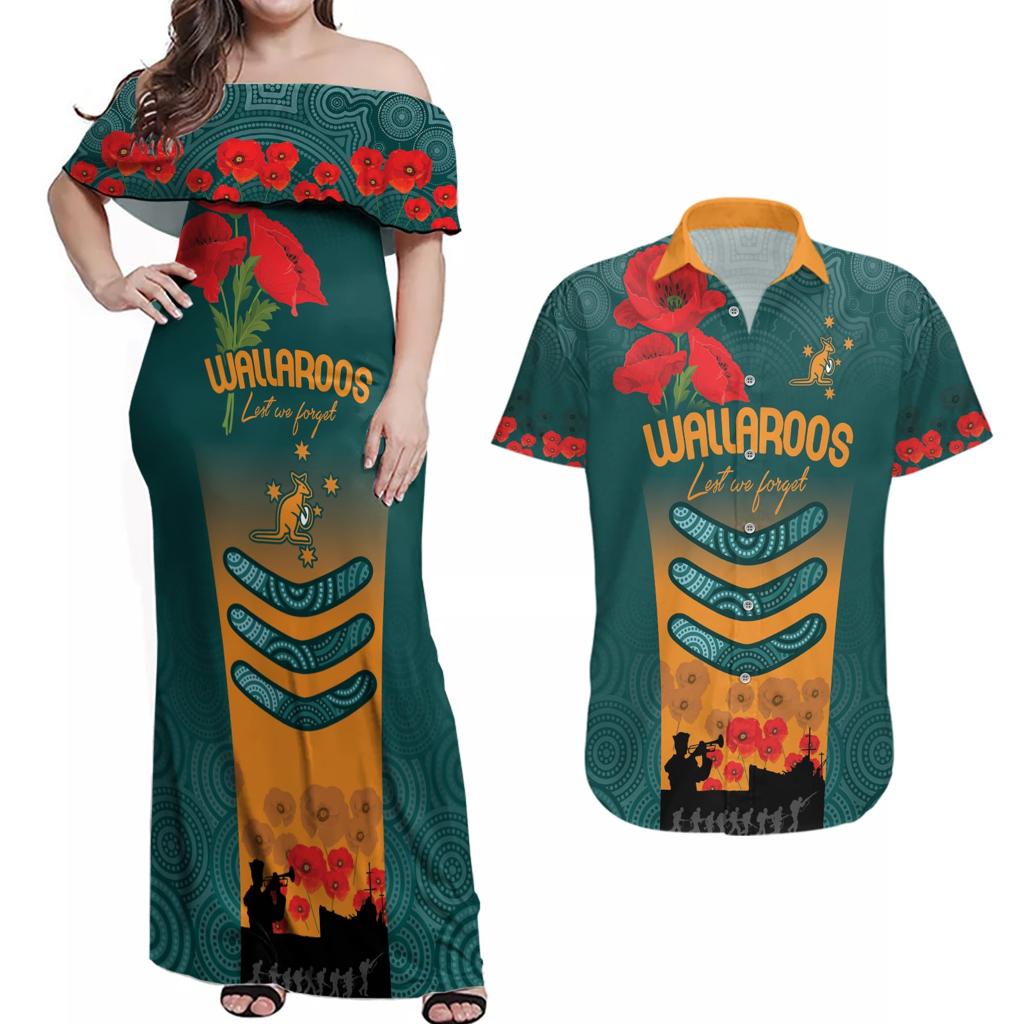 Custom Wallaroos Rugby ANZAC Couples Matching Off Shoulder Maxi Dress and Hawaiian Shirt Poppy Soldier With Aboriginal Dots Art