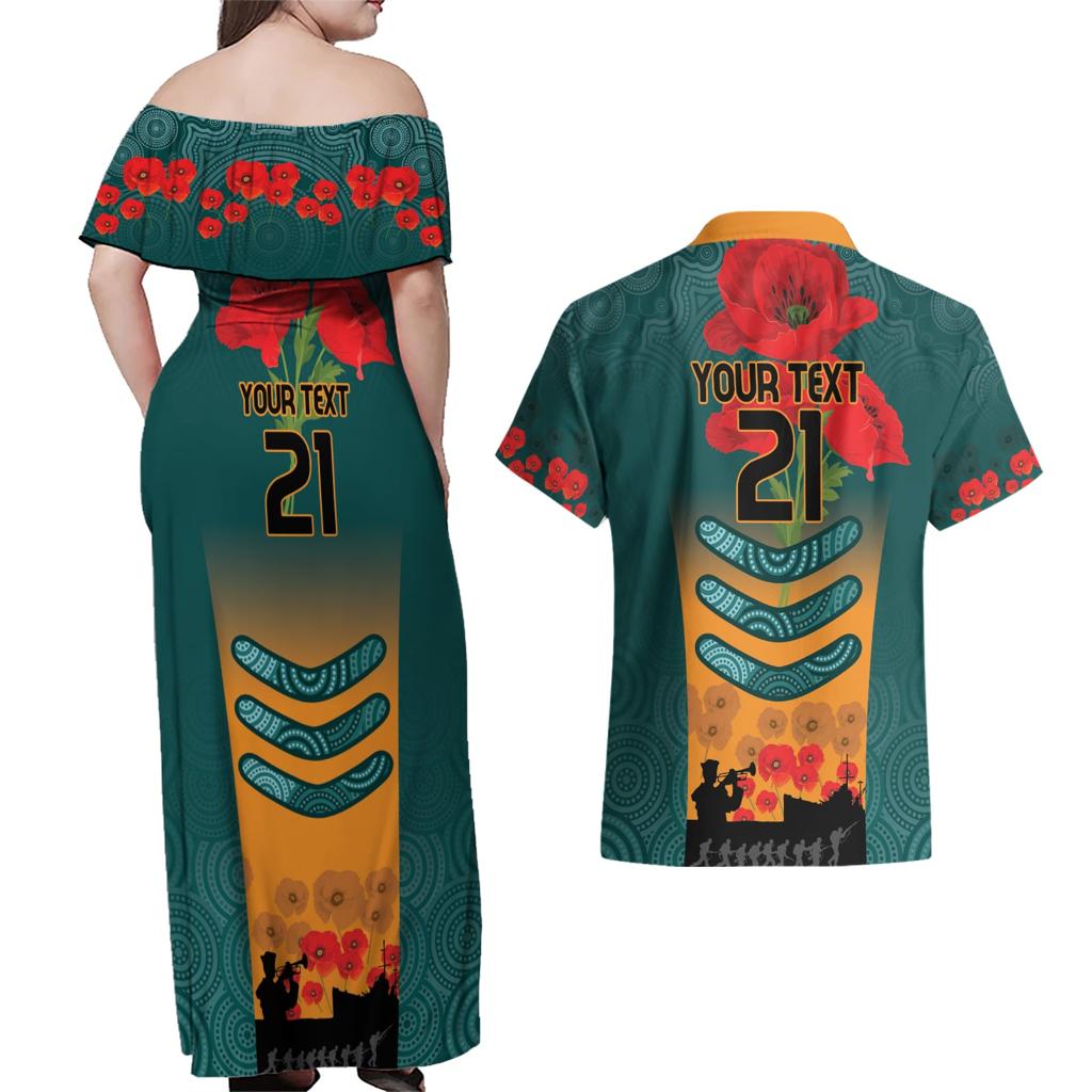 Custom Wallaroos Rugby ANZAC Couples Matching Off Shoulder Maxi Dress and Hawaiian Shirt Poppy Soldier With Aboriginal Dots Art