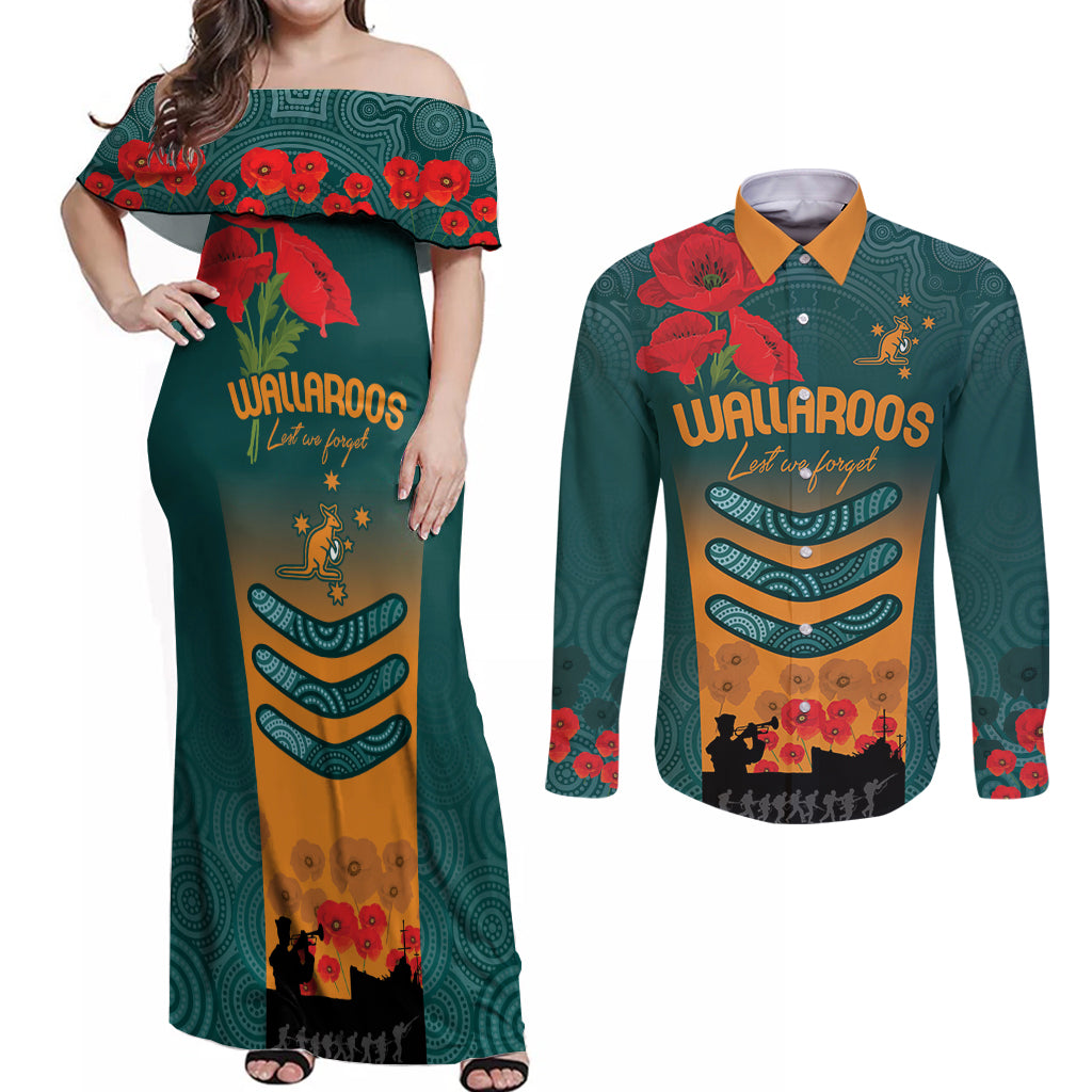 Custom Wallaroos Rugby ANZAC Couples Matching Off Shoulder Maxi Dress and Long Sleeve Button Shirt Poppy Soldier With Aboriginal Dots Art
