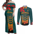 Custom Wallaroos Rugby ANZAC Couples Matching Off Shoulder Maxi Dress and Long Sleeve Button Shirt Poppy Soldier With Aboriginal Dots Art
