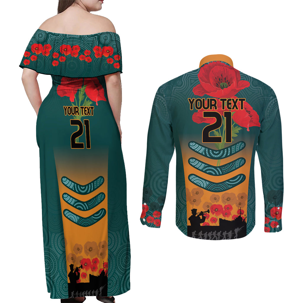 Custom Wallaroos Rugby ANZAC Couples Matching Off Shoulder Maxi Dress and Long Sleeve Button Shirt Poppy Soldier With Aboriginal Dots Art