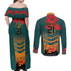 Custom Wallaroos Rugby ANZAC Couples Matching Off Shoulder Maxi Dress and Long Sleeve Button Shirt Poppy Soldier With Aboriginal Dots Art