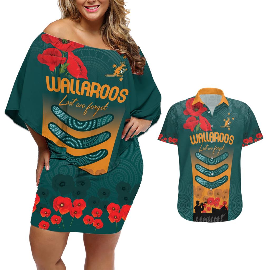 Custom Wallaroos Rugby ANZAC Couples Matching Off Shoulder Short Dress and Hawaiian Shirt Poppy Soldier With Aboriginal Dots Art