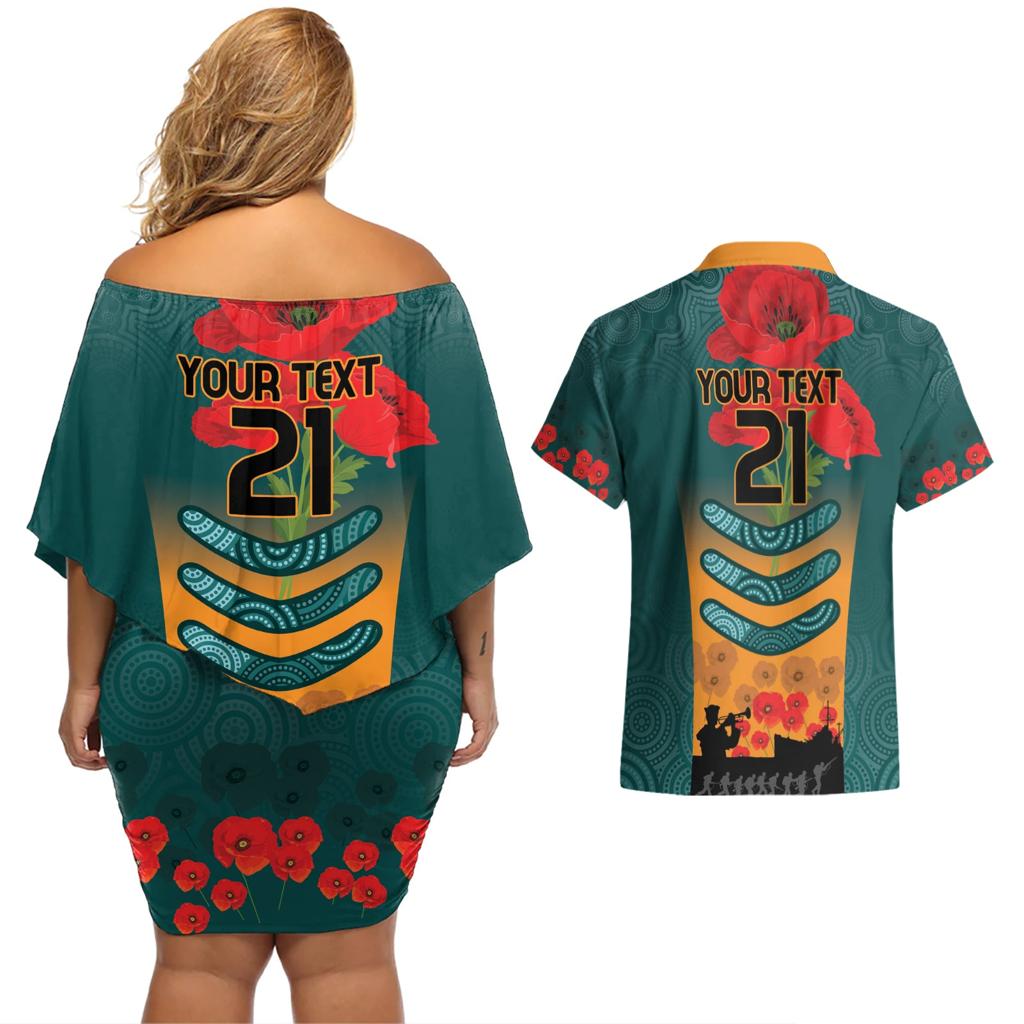 Custom Wallaroos Rugby ANZAC Couples Matching Off Shoulder Short Dress and Hawaiian Shirt Poppy Soldier With Aboriginal Dots Art