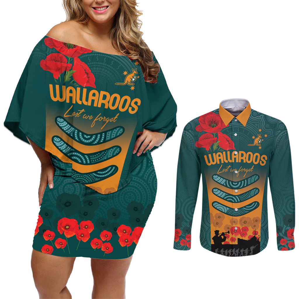 Custom Wallaroos Rugby ANZAC Couples Matching Off Shoulder Short Dress and Long Sleeve Button Shirt Poppy Soldier With Aboriginal Dots Art