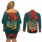 Custom Wallaroos Rugby ANZAC Couples Matching Off Shoulder Short Dress and Long Sleeve Button Shirt Poppy Soldier With Aboriginal Dots Art