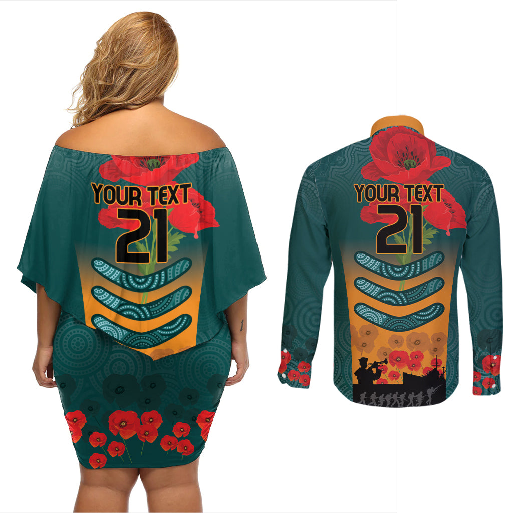 Custom Wallaroos Rugby ANZAC Couples Matching Off Shoulder Short Dress and Long Sleeve Button Shirt Poppy Soldier With Aboriginal Dots Art