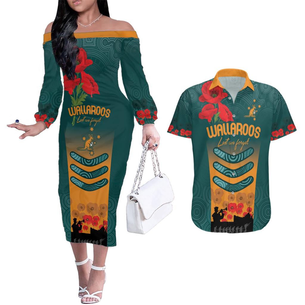 Custom Wallaroos Rugby ANZAC Couples Matching Off The Shoulder Long Sleeve Dress and Hawaiian Shirt Poppy Soldier With Aboriginal Dots Art