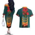 Custom Wallaroos Rugby ANZAC Couples Matching Off The Shoulder Long Sleeve Dress and Hawaiian Shirt Poppy Soldier With Aboriginal Dots Art
