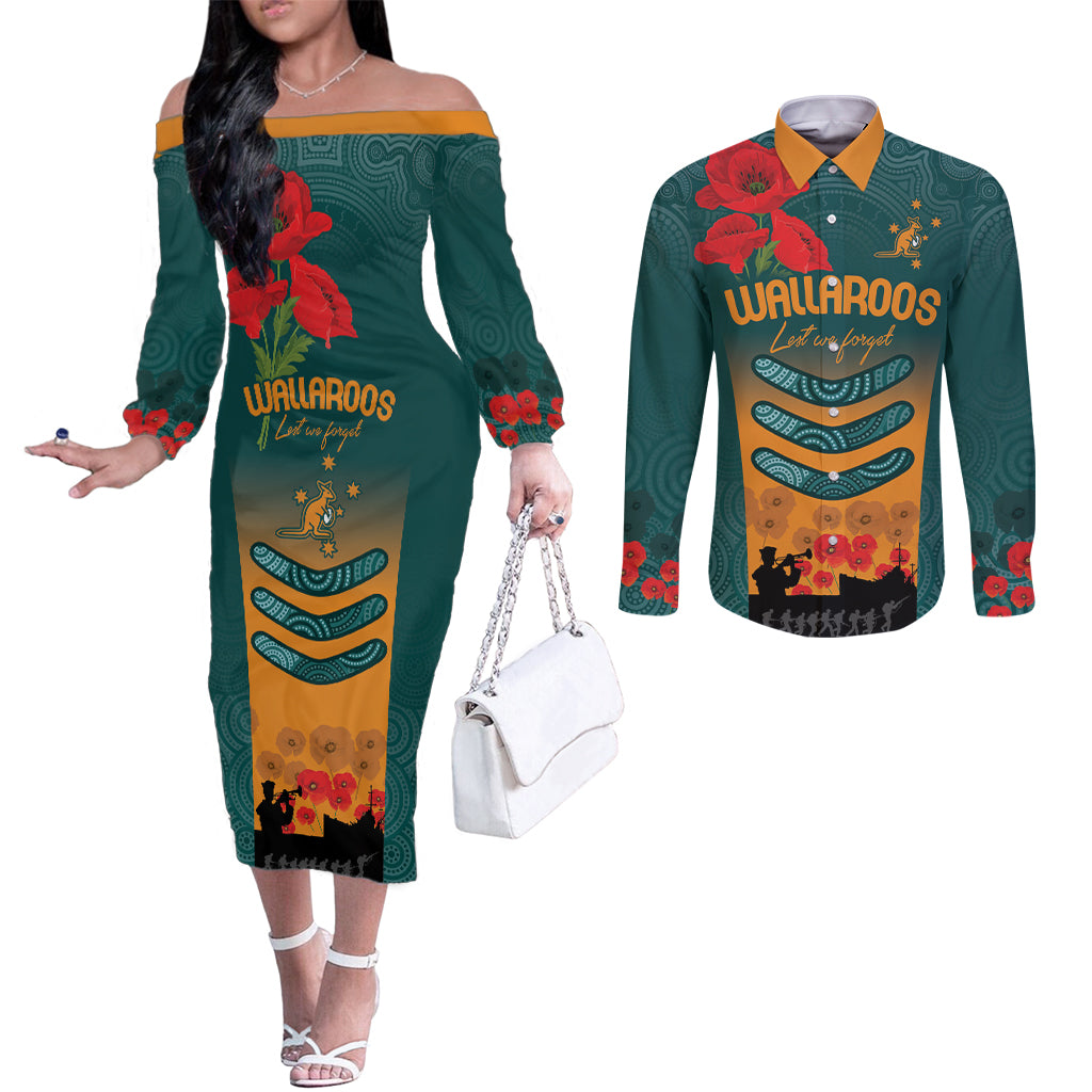 Custom Wallaroos Rugby ANZAC Couples Matching Off The Shoulder Long Sleeve Dress and Long Sleeve Button Shirt Poppy Soldier With Aboriginal Dots Art