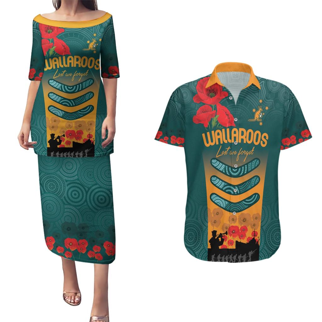 Custom Wallaroos Rugby ANZAC Couples Matching Puletasi and Hawaiian Shirt Poppy Soldier With Aboriginal Dots Art