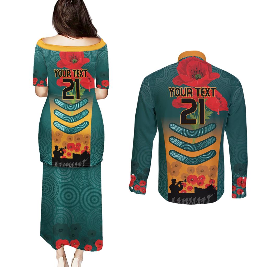Custom Wallaroos Rugby ANZAC Couples Matching Puletasi and Long Sleeve Button Shirt Poppy Soldier With Aboriginal Dots Art