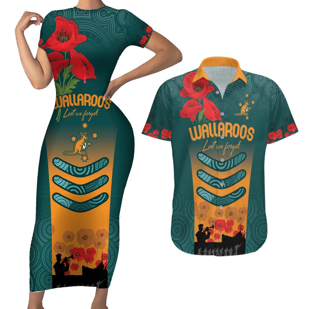Custom Wallaroos Rugby ANZAC Couples Matching Short Sleeve Bodycon Dress and Hawaiian Shirt Poppy Soldier With Aboriginal Dots Art