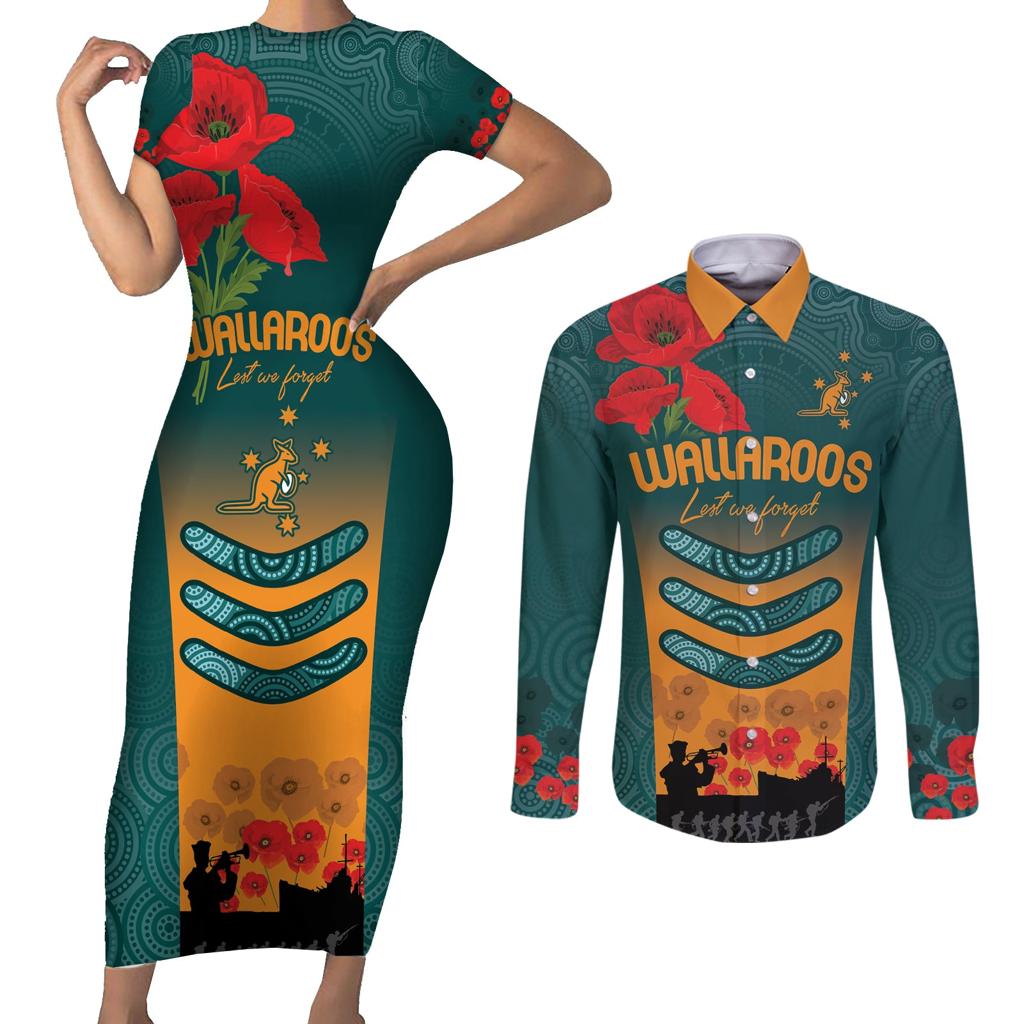 Custom Wallaroos Rugby ANZAC Couples Matching Short Sleeve Bodycon Dress and Long Sleeve Button Shirt Poppy Soldier With Aboriginal Dots Art