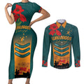 Custom Wallaroos Rugby ANZAC Couples Matching Short Sleeve Bodycon Dress and Long Sleeve Button Shirt Poppy Soldier With Aboriginal Dots Art