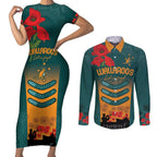 Custom Wallaroos Rugby ANZAC Couples Matching Short Sleeve Bodycon Dress and Long Sleeve Button Shirt Poppy Soldier With Aboriginal Dots Art