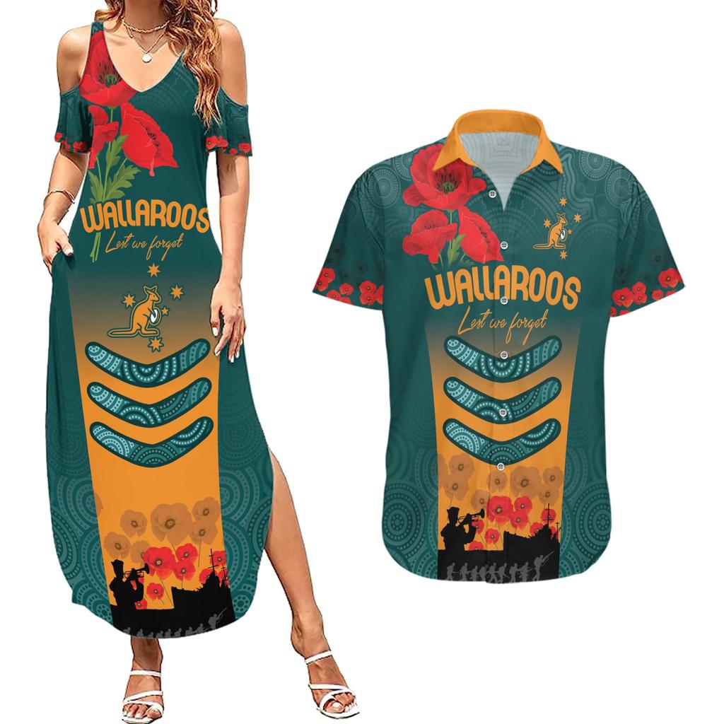Custom Wallaroos Rugby ANZAC Couples Matching Summer Maxi Dress and Hawaiian Shirt Poppy Soldier With Aboriginal Dots Art