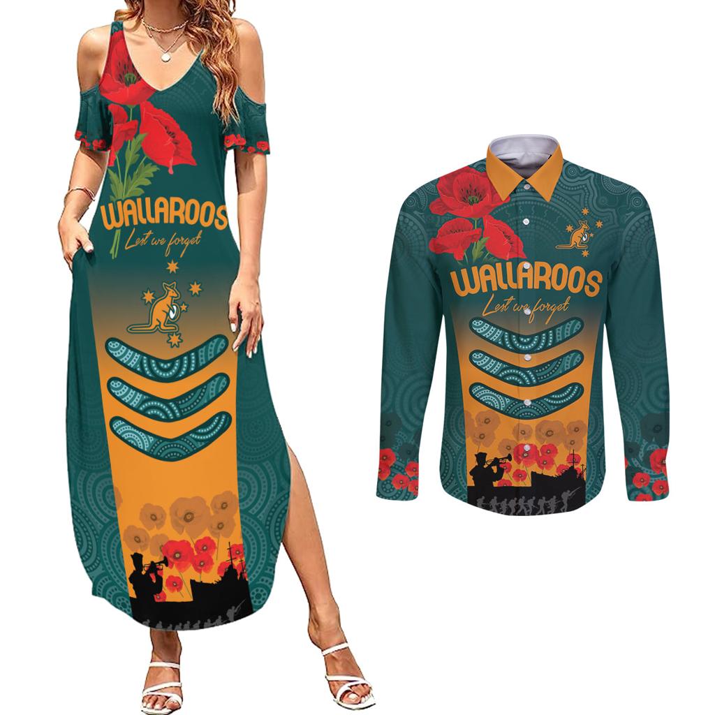 Custom Wallaroos Rugby ANZAC Couples Matching Summer Maxi Dress and Long Sleeve Button Shirt Poppy Soldier With Aboriginal Dots Art
