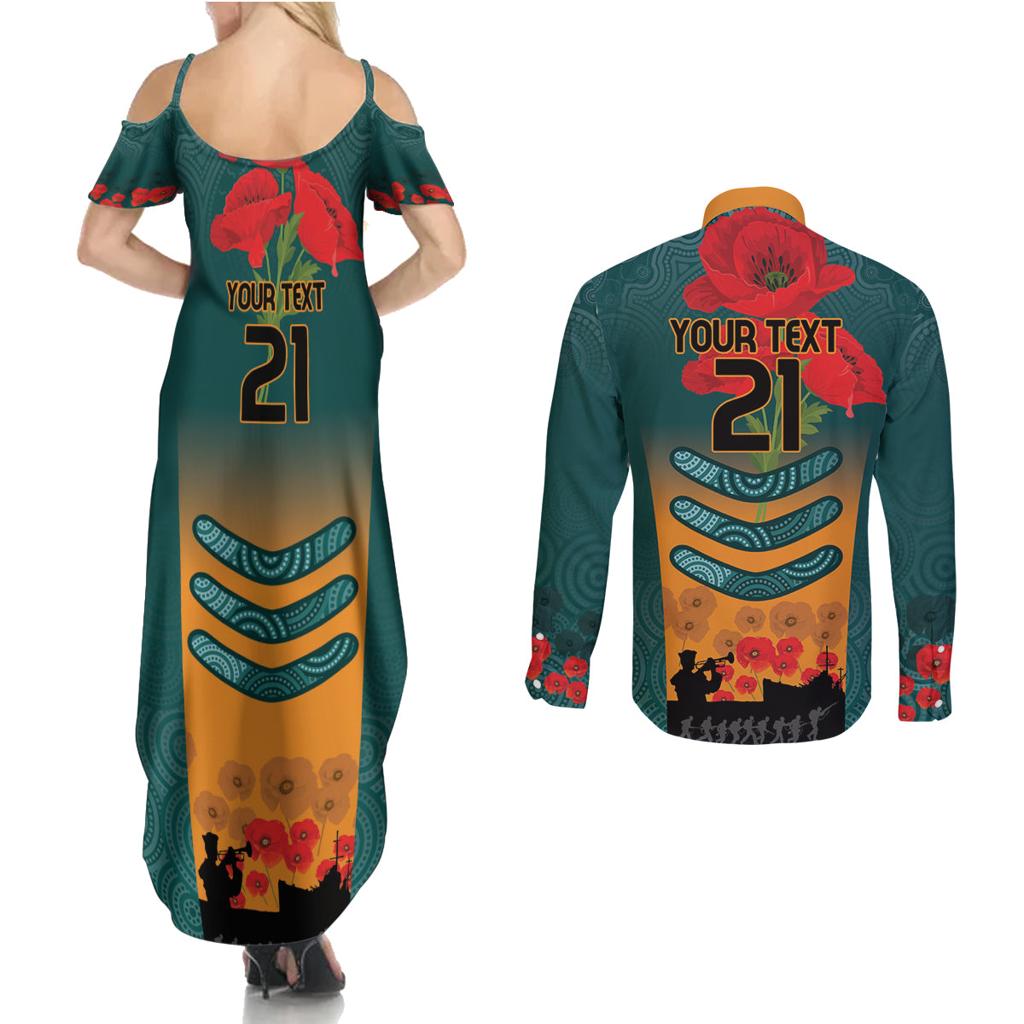 Custom Wallaroos Rugby ANZAC Couples Matching Summer Maxi Dress and Long Sleeve Button Shirt Poppy Soldier With Aboriginal Dots Art
