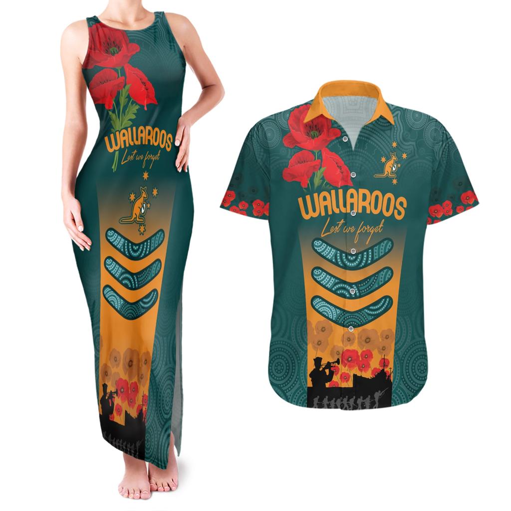 Custom Wallaroos Rugby ANZAC Couples Matching Tank Maxi Dress and Hawaiian Shirt Poppy Soldier With Aboriginal Dots Art