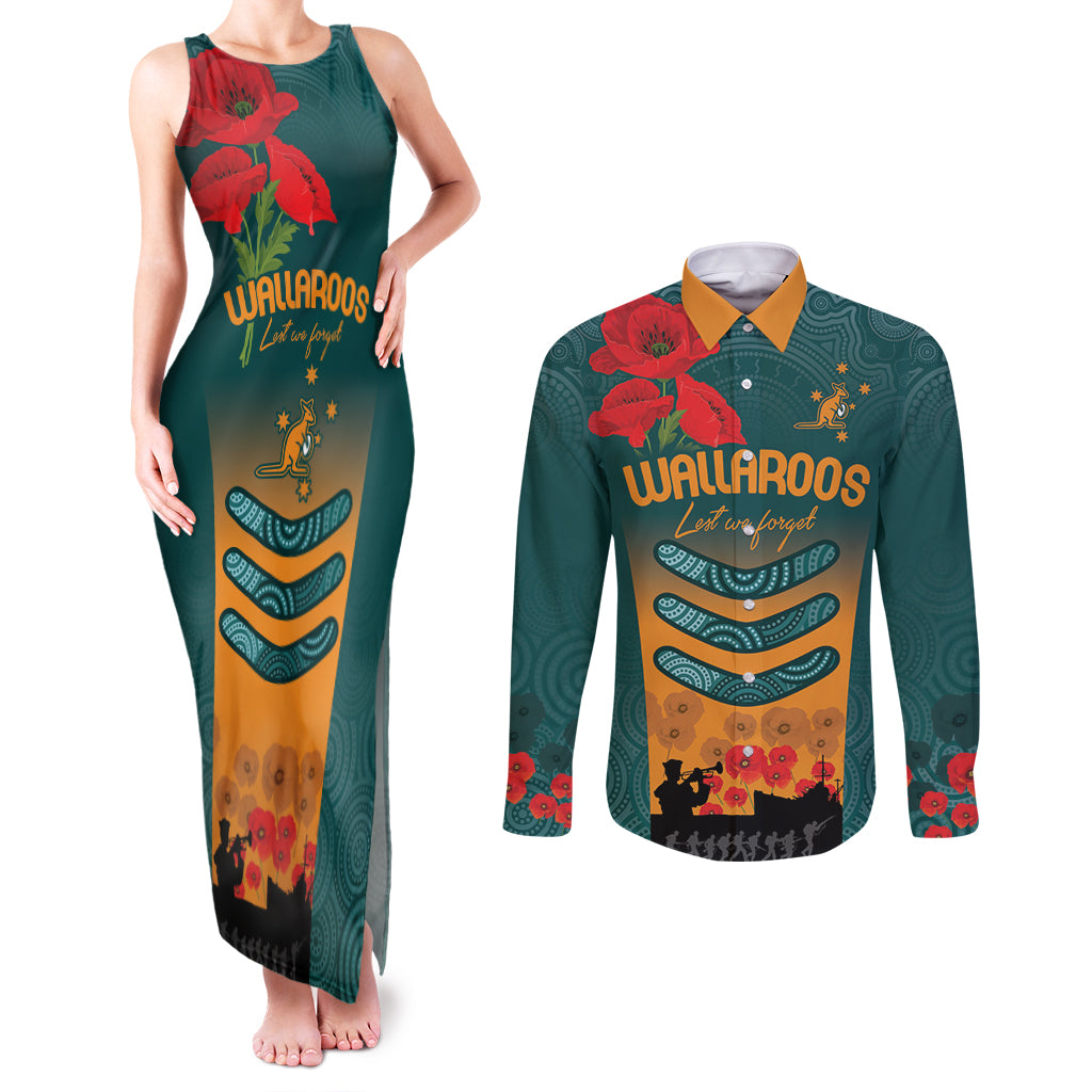 Custom Wallaroos Rugby ANZAC Couples Matching Tank Maxi Dress and Long Sleeve Button Shirt Poppy Soldier With Aboriginal Dots Art